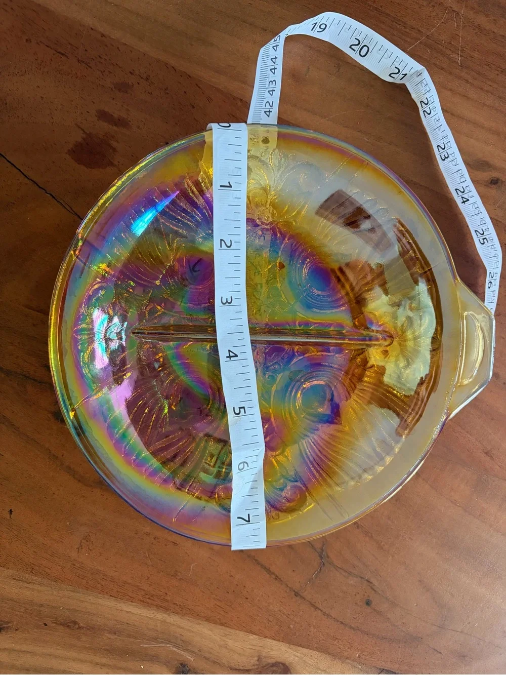 Iridescent Glass Decorative Dish - Amber Rainbow Finish 7.5 inches